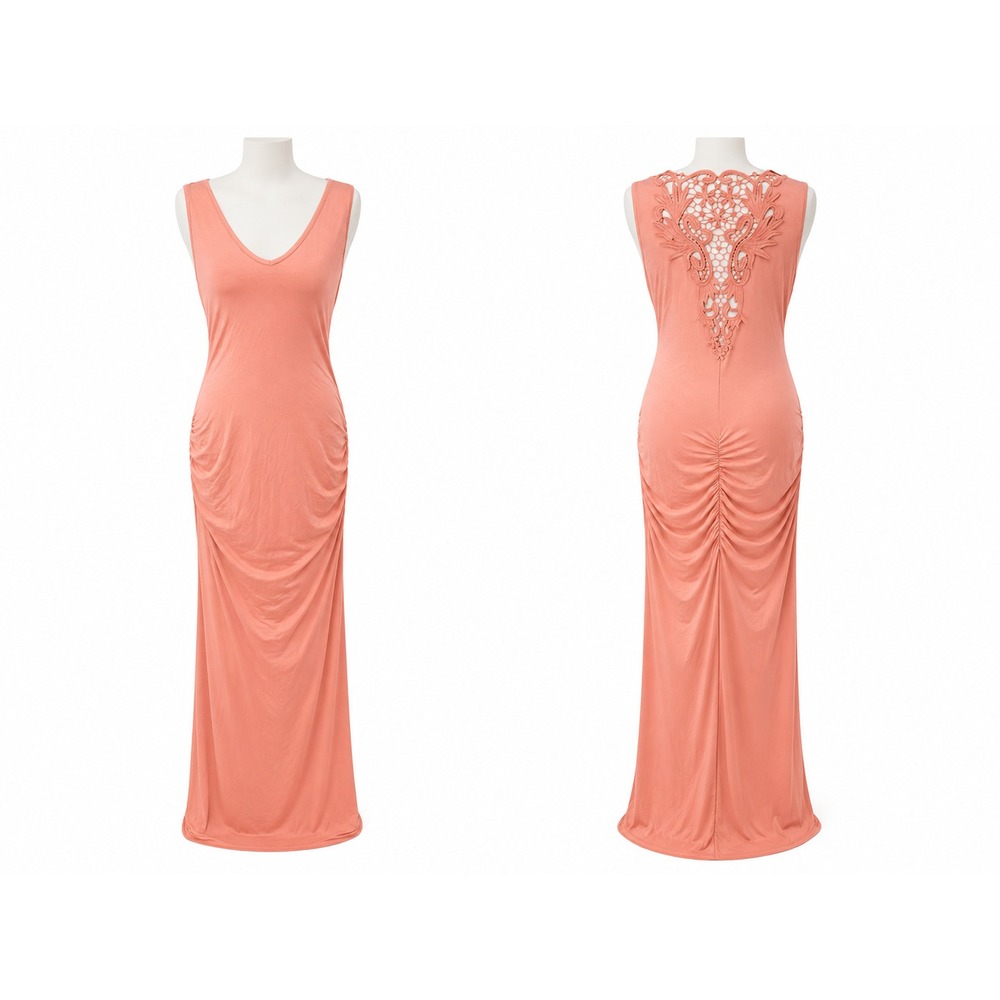 VENUS Maxi Dress XL Coral Pink Ruched Bodycon Crochet Lace Back Boho Resort